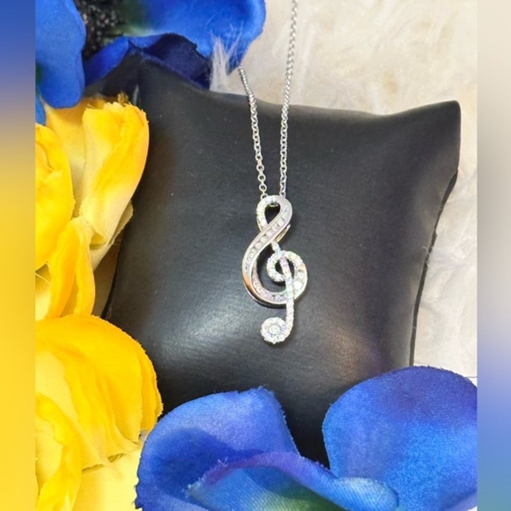 Music Note Treble Clef Necklace Silver Micro Pave and Baguette CZ Diamonds NEW!